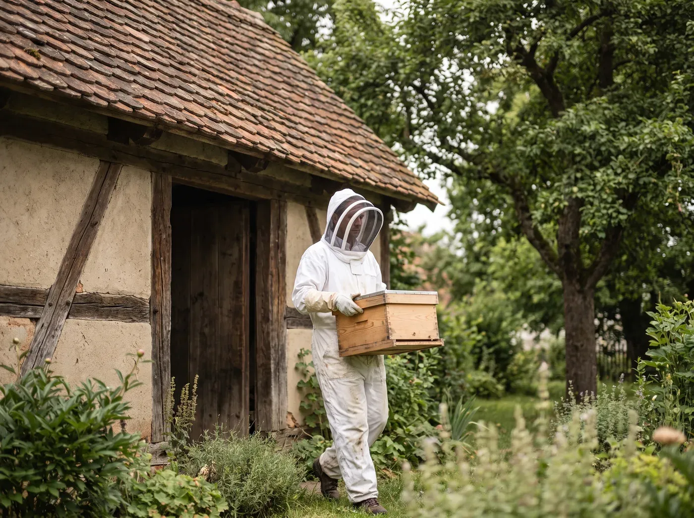 Fachkraft im Schutzanzug trägt eine hölzerne Umsiedlungskiste mit einem Hornissennest aus dem Garten