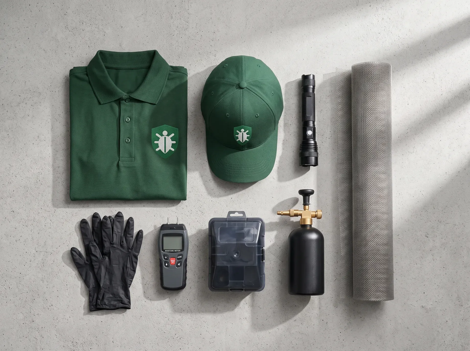 Arbeitskleidung und Ausrüstung von Schädlingsschutz24: Polo, Cap, Handschuhe, Lampe, Feuchtemessgerät, Köderstation, Sprühgerät und Edelstahlgewebe