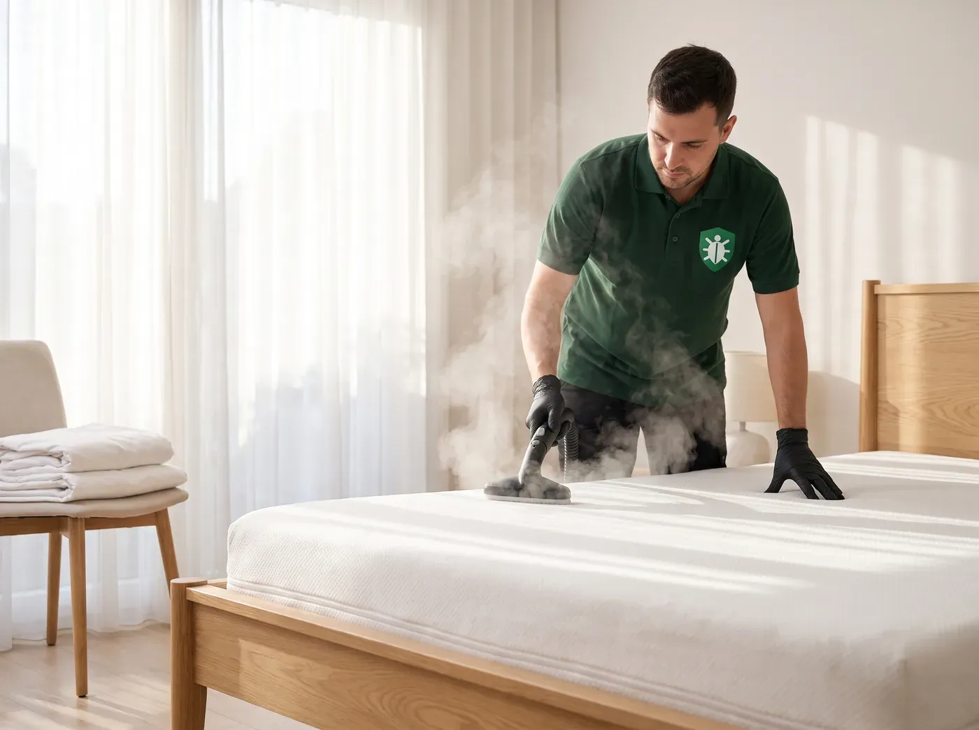 Schädlingsbekämpfer behandelt eine Matratze mit einem Dampfgerät gegen Milben
