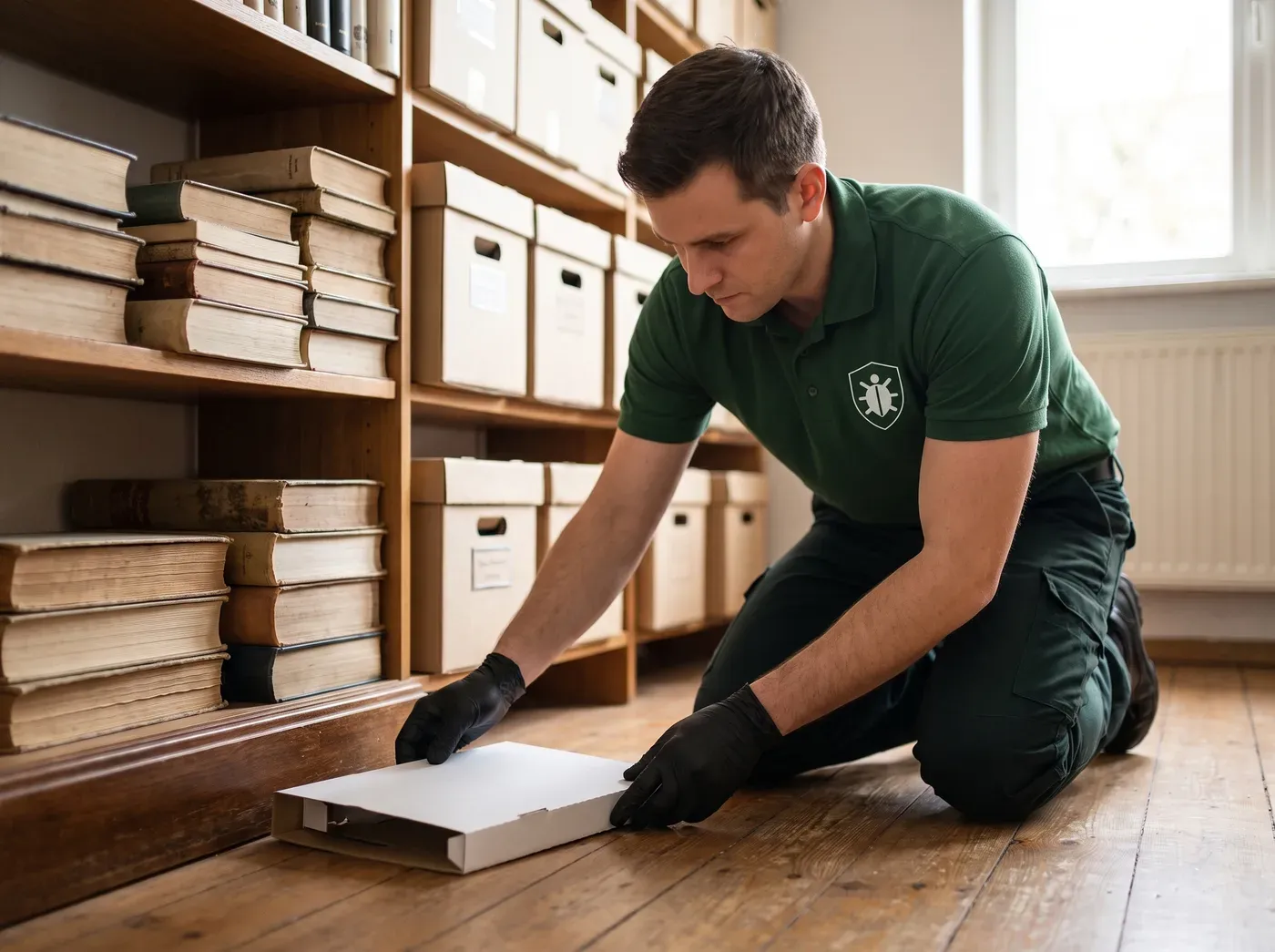 Schädlingsbekämpfer legt eine Monitoringfalle an der Fußleiste eines Archivraums aus