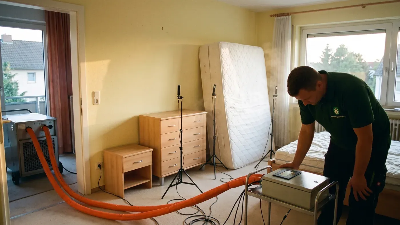 Schlafzimmer für eine Wärmebehandlung vorbereitet, Heizschläuche und Temperaturfühler im Raum