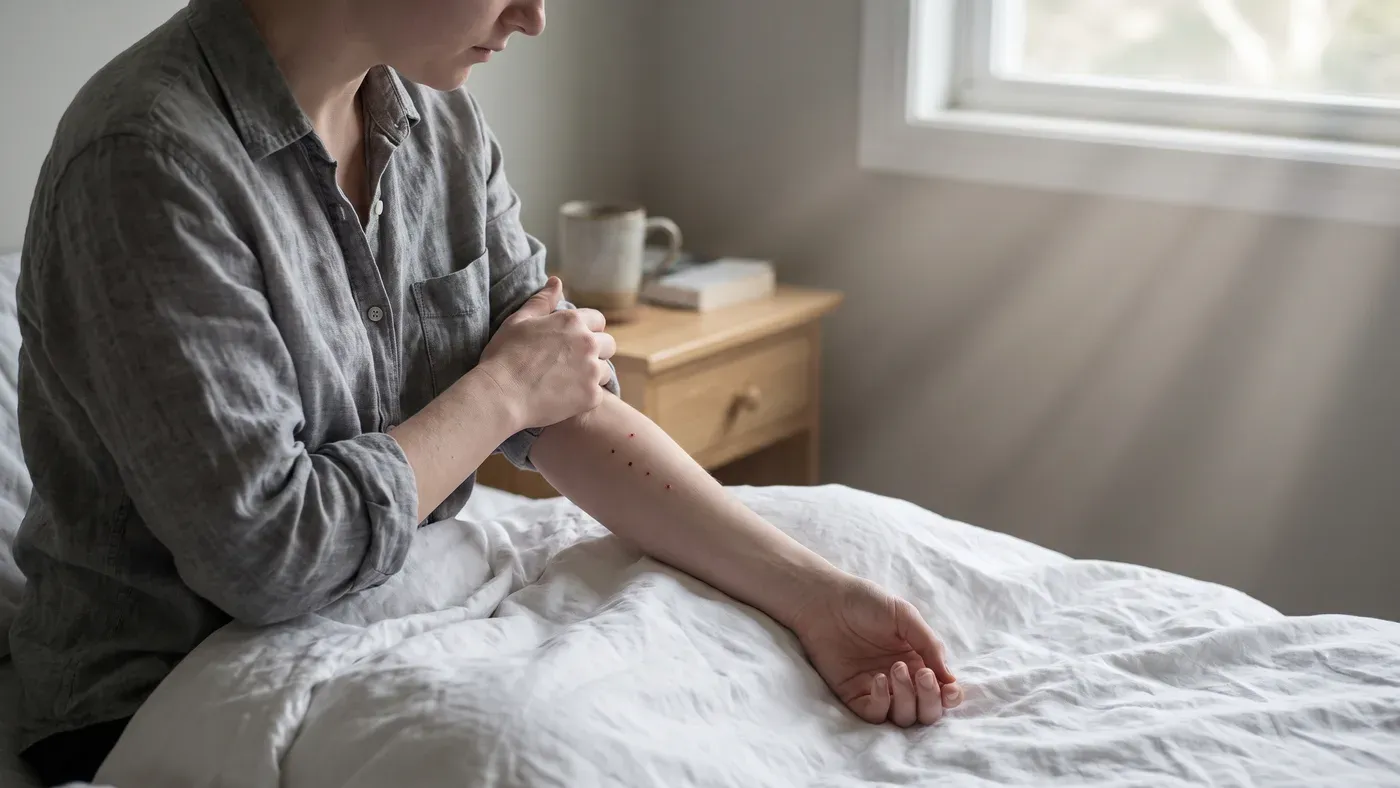 Mehrere kleine gerötete Stiche in leicht gebogener Reihe am Unterarm, morgens im Bett
