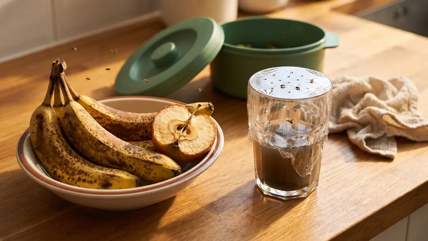 Obstschale mit überreifen Bananen und daneben ein Glas mit Essig und gelochter Frischhaltefolie