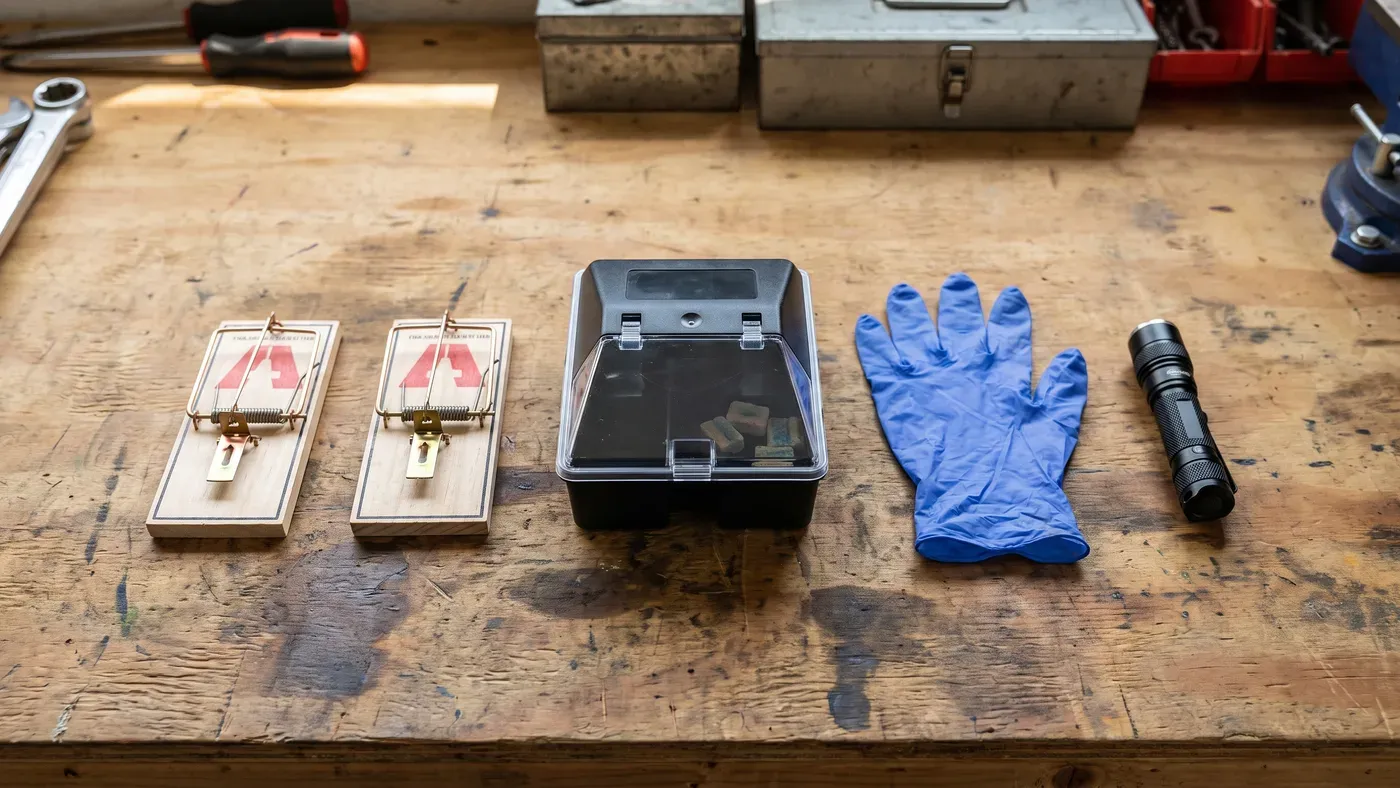 Schlagfallen und eine verschlossene Köderbox nebeneinander auf einer Werkbank