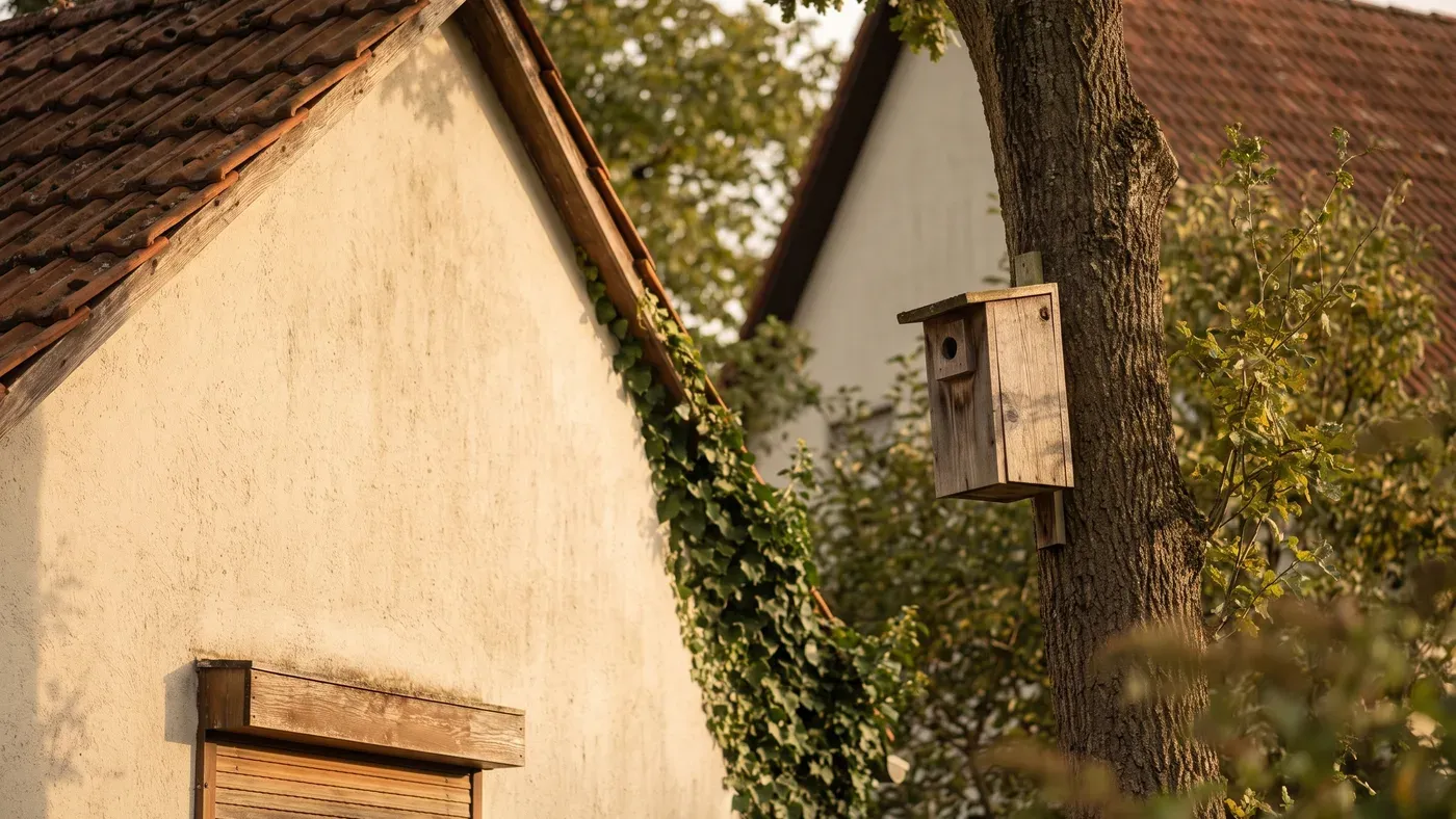 Giebel eines älteren Wohnhauses mit Rollladenkasten und einem Nistkasten am Baum davor