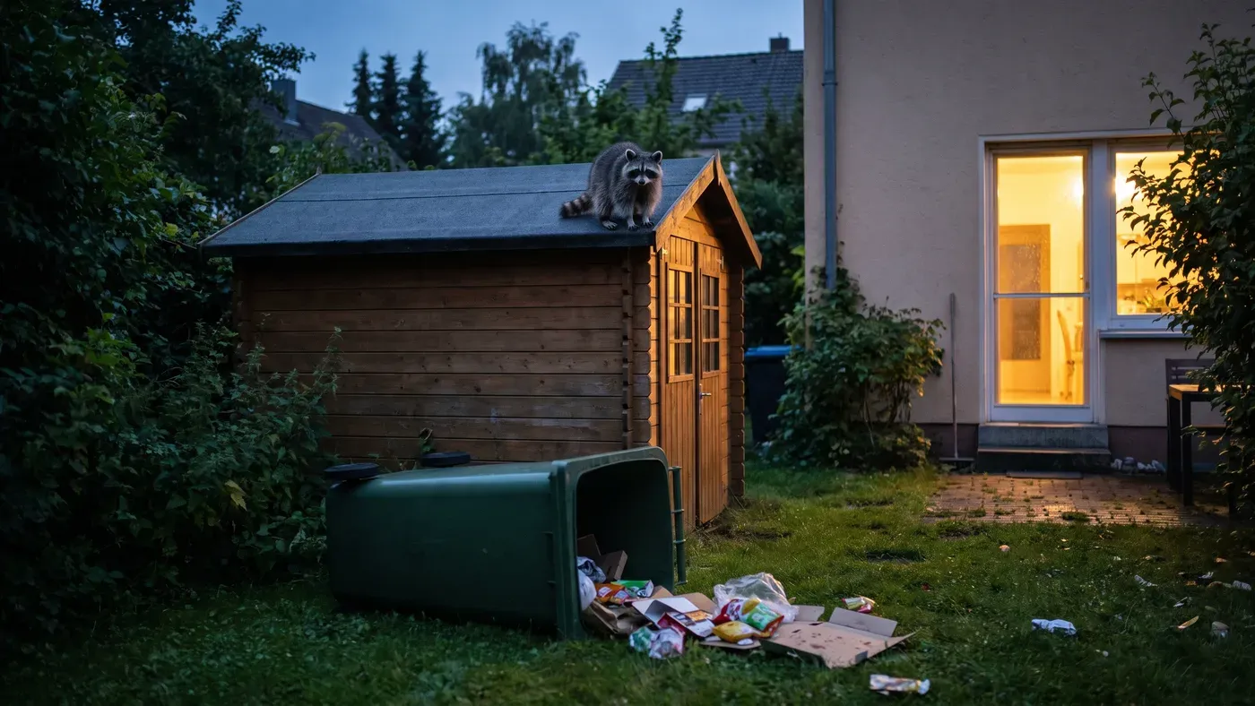 Waschbär auf dem Dach eines Gartenhauses in der Abenddämmerung, daneben eine umgeworfene Mülltonne