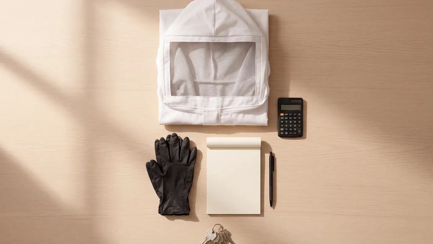 Schutzhaube, Handschuhe, Taschenrechner und Notizblock als Sinnbild der Kostenkalkulation