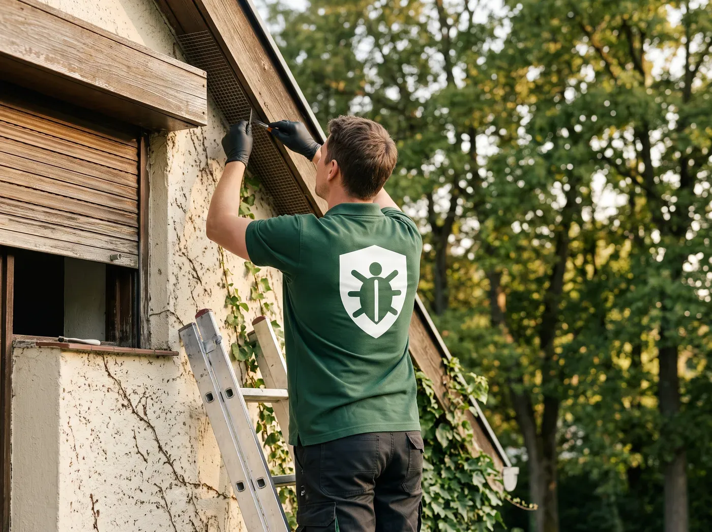 Schädlingsbekämpfer verschließt einen Spalt am Dachkasten mit feinem Edelstahlgitter