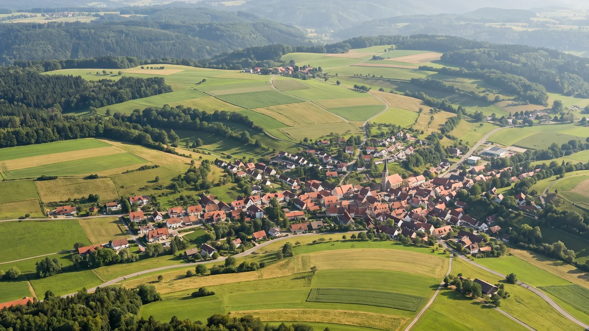 Hügellandschaft mit Feldern, Wäldern und einem Ort mit roten Ziegeldächern in der Region